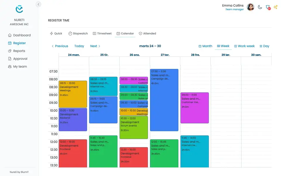 Intuitive calendar interface with drag to register